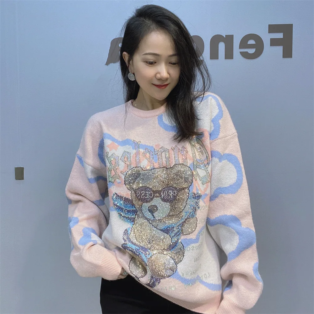 Colorblock Cloud O-neck Pullover Women Sweater Top All-match Autumn Winter Cartoon Hot Driilling Casual Knitted Sweaters Loose