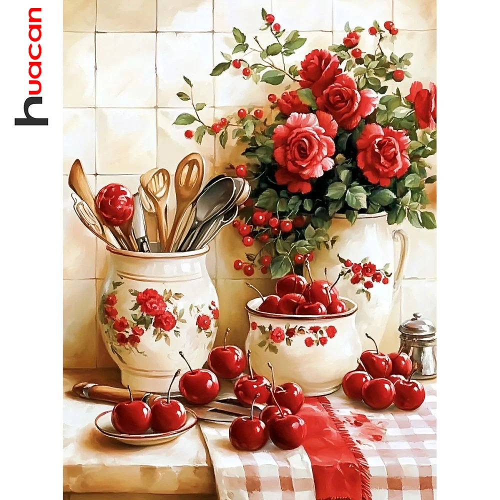 Huacan Diamond Mosaic Cherry Fruit DIY Flower Scenery Diamond Painting Full Square Round Drill Embroidery Kits Wall Decor