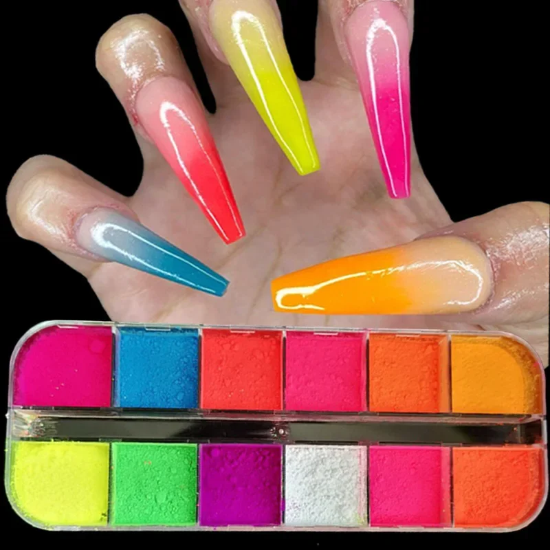 12 Colors Fluorescent Eyeshadow Palette Makeup Glitter Neon Nail Dipping Powder Shimmer Nail Art Decoration Acrylic Dust Pigment