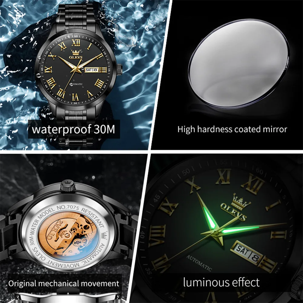 OLEVS 7075 Stainless Steel Mechanical Men's Watches Roman Scale Auto Date Waterproof Luminous Luxury Business Automatic Watches