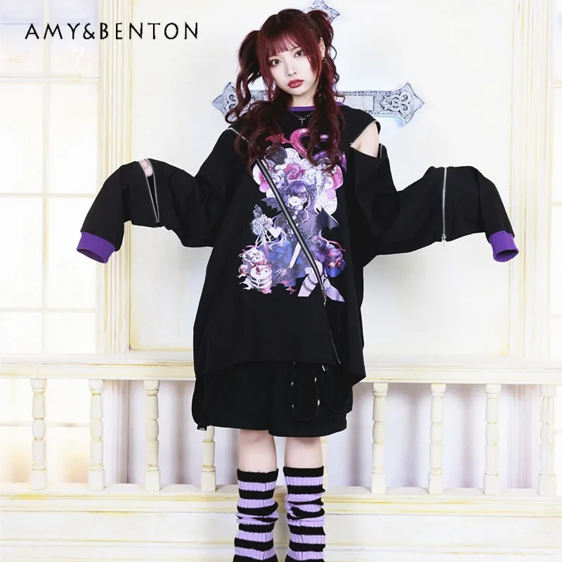 

Japanese Harajuku Dark Devil Girl Two-dimensional Long-sleeved T-shirt Sweater Subculture Gothic Off Shoulder Oversized Hoodies