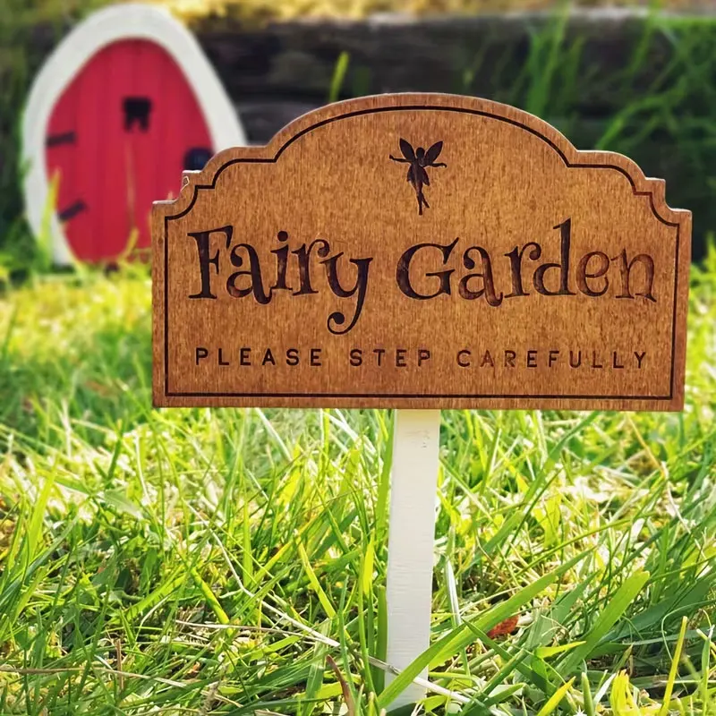 1 Piece Fairy Garden Sign Wooden Plaque - Creative Signage Fairy Garden Please Walk Carefully Wooden Signboard Made for Fairies