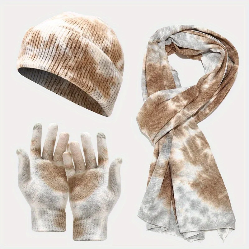 Tie Dye Knit Set 3Pcs Hat Gloves Scarf For Women Autumn Winter Outdoor Cold Protection Fashion Accessories