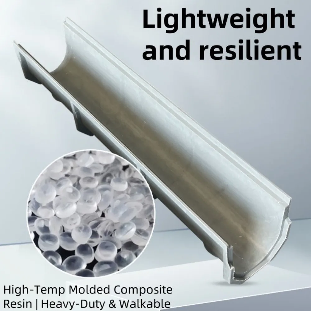 Resin Drainage Gutter Heavy Duty Single Row Grate Finished Drainage Ditch U-shaped Groove Stainless Steel Cover Linear Drain