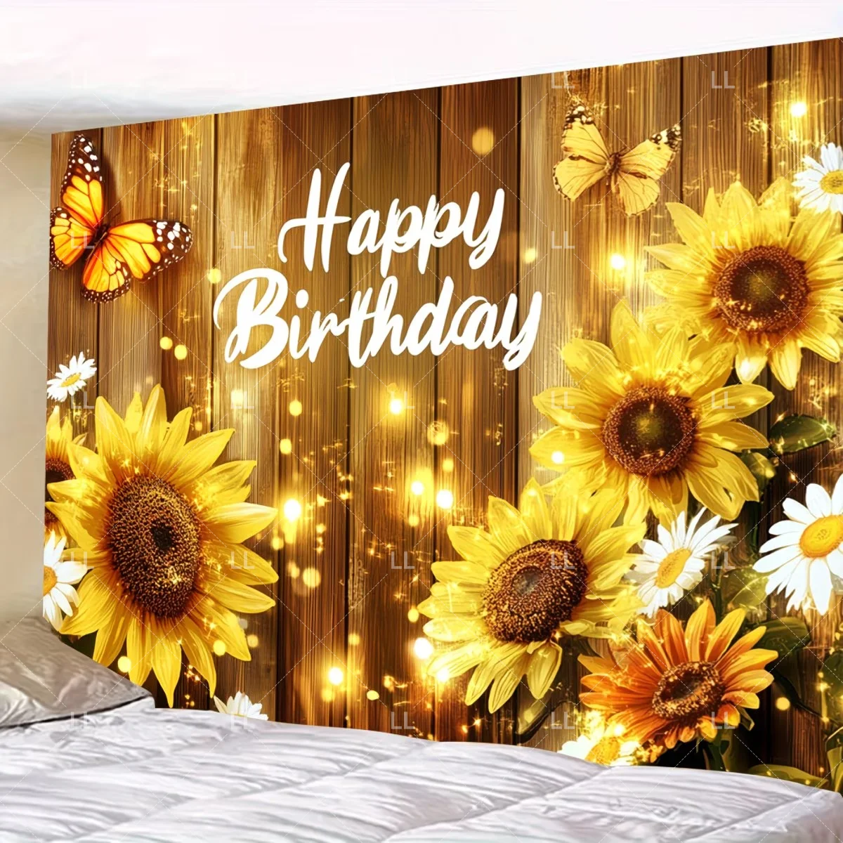 Sonnenblumen-Geburtstagsparty-Dekorationshintergrund, lebendiger, farbenfroher Blumen-Fotohintergrund, schwarz-goldenes Banner-Zubehör für Zuhause und Studio – Detail 4