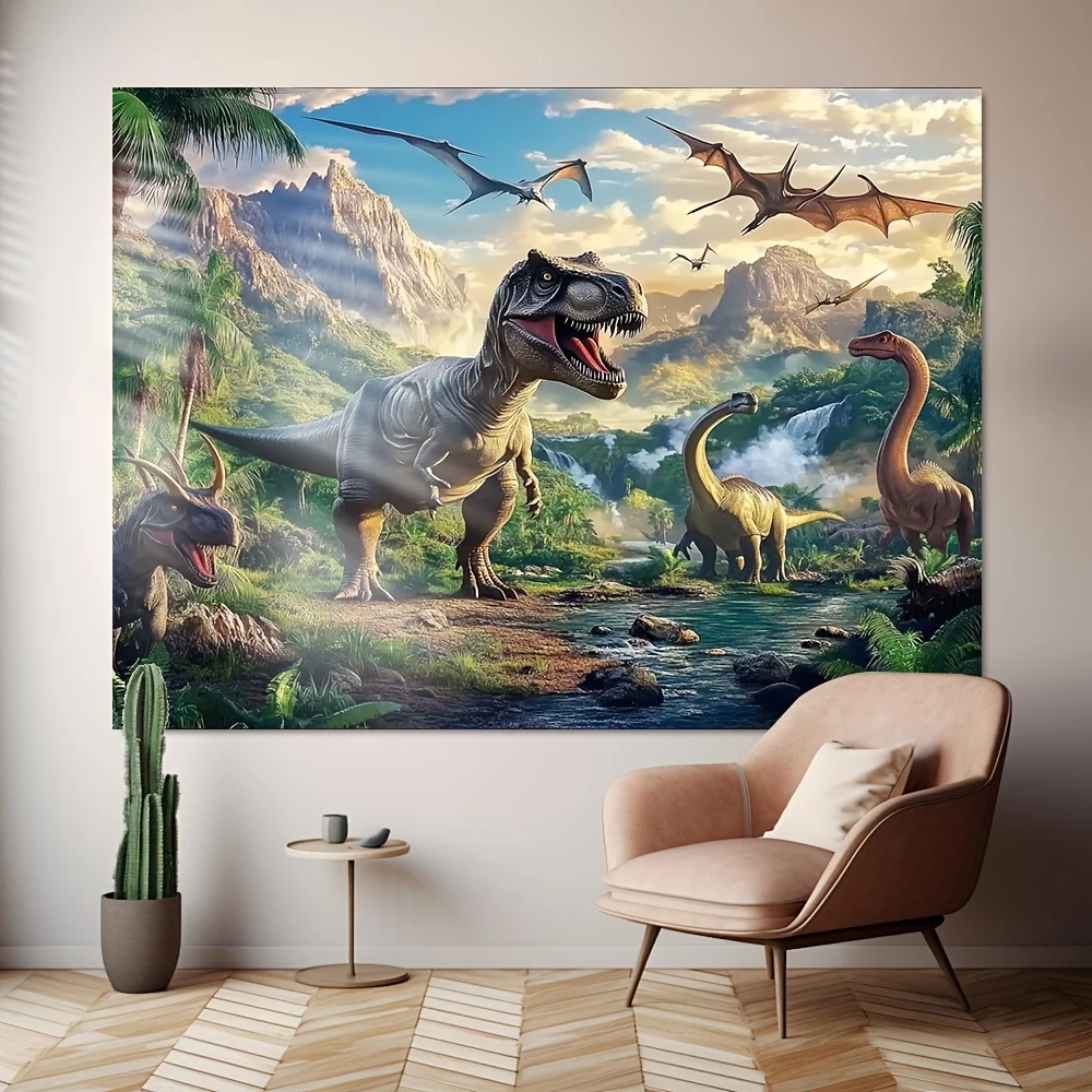 Epic Prehistoric Dinosaur Tapestry, T-Rex in Jurassic Jungle Wall Hanging, Dinosaur Room Decor suitable offices bars party