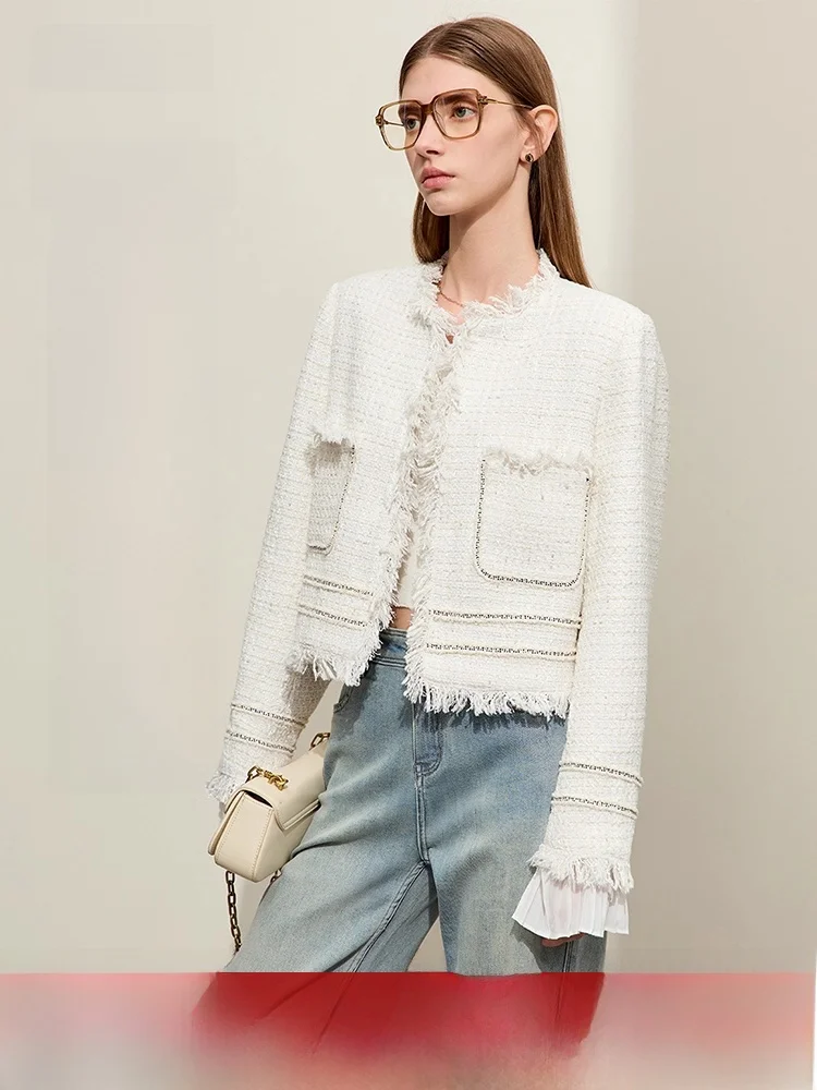 

ort Straight Tube Coat for Women Autumn New Sle Woolen Knit Braid Splicing Pleated Sve Button round Ne Out...