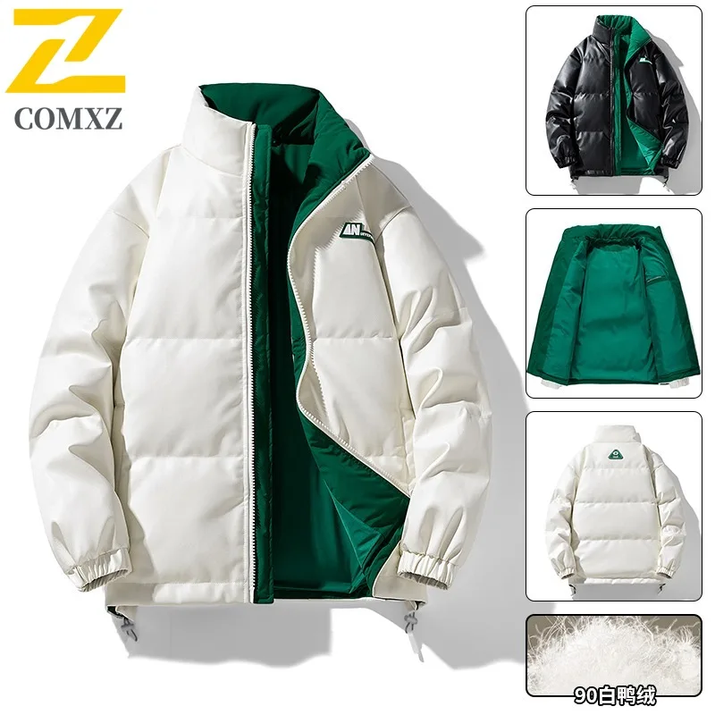 

COMXZ 2023, новая зимняя кожаная куртка-пуховик с воротником-стойкой, мужская модная белая утиная пуховая толстая теплая куртка-пуховик для пар
