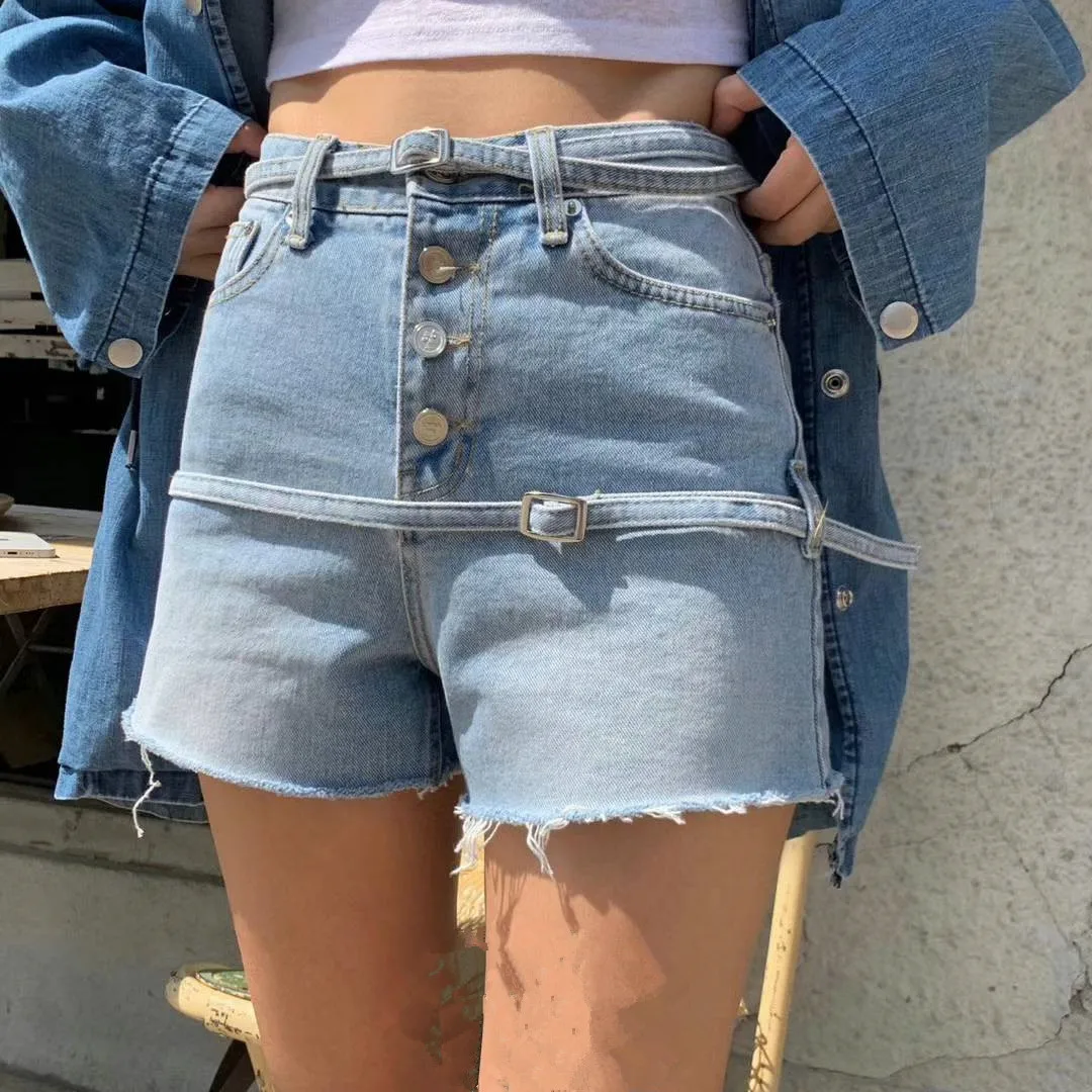 

Korean street style spring and summer raw edge drawstring four-button high-waist washed distressed denim shorts