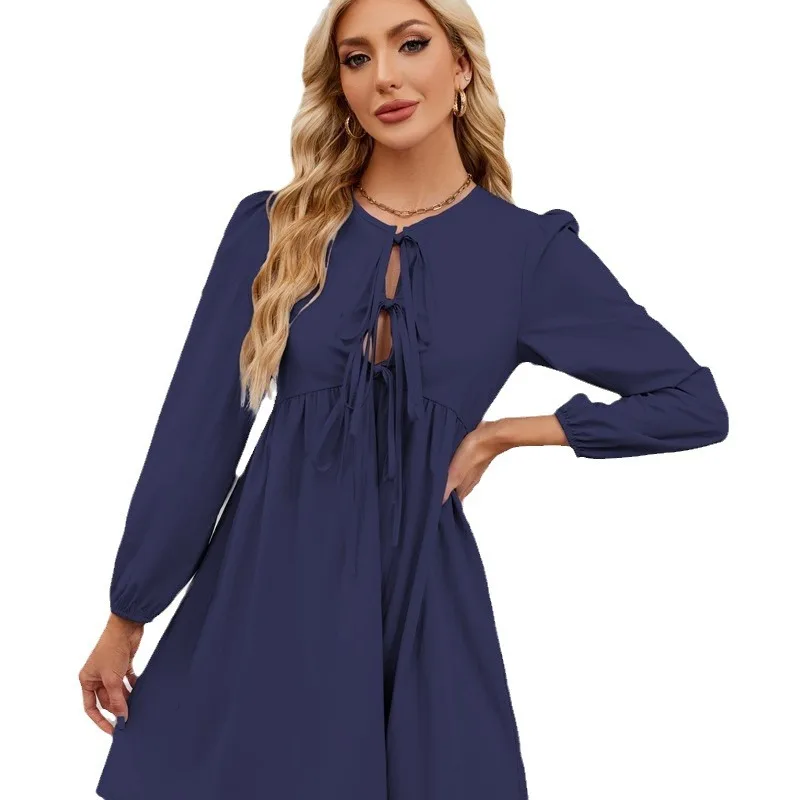 Frühling Casual Süße Hemd Kleid frauen Langarm Rundhals Lose Hoodie Kleid Strand Einfarbig Festival Bowknot Kleid