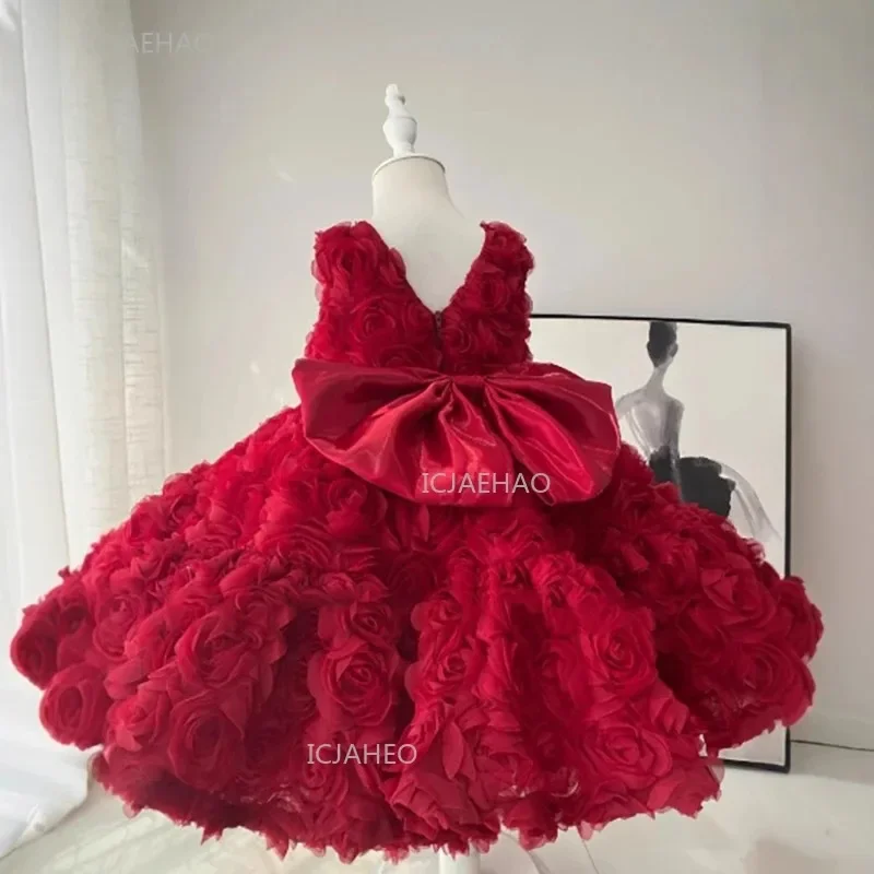 New Year Girls Birthday Princess Dress Sleeveless Red Flower Gown Baby Toddler Party Pageant Christmas Elves Clothing Costumes