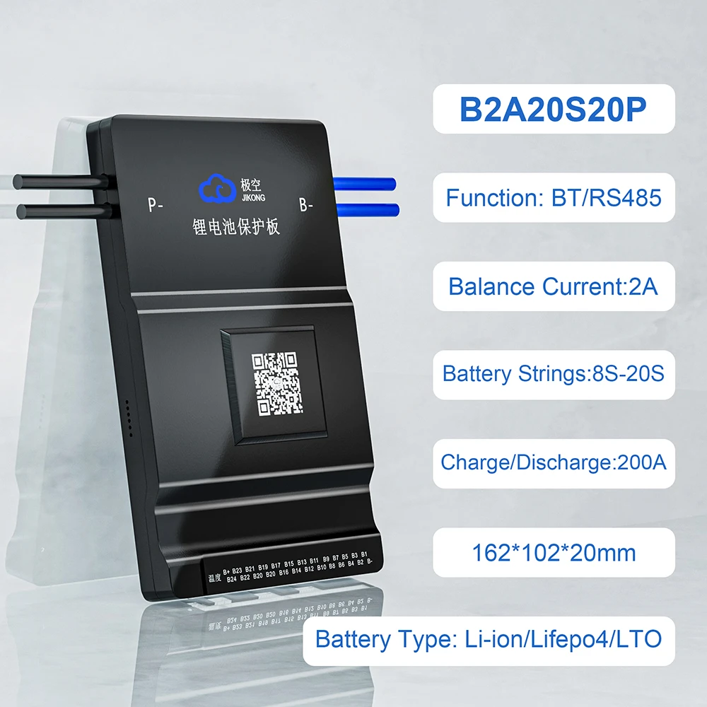 Smart JIKONG BMS B2A20S20P with 2A Active Balance for 8S~24S LiFePo4 Li-ion LTO Battery 200A Charge BT CAN RS485 Heat JKBMS