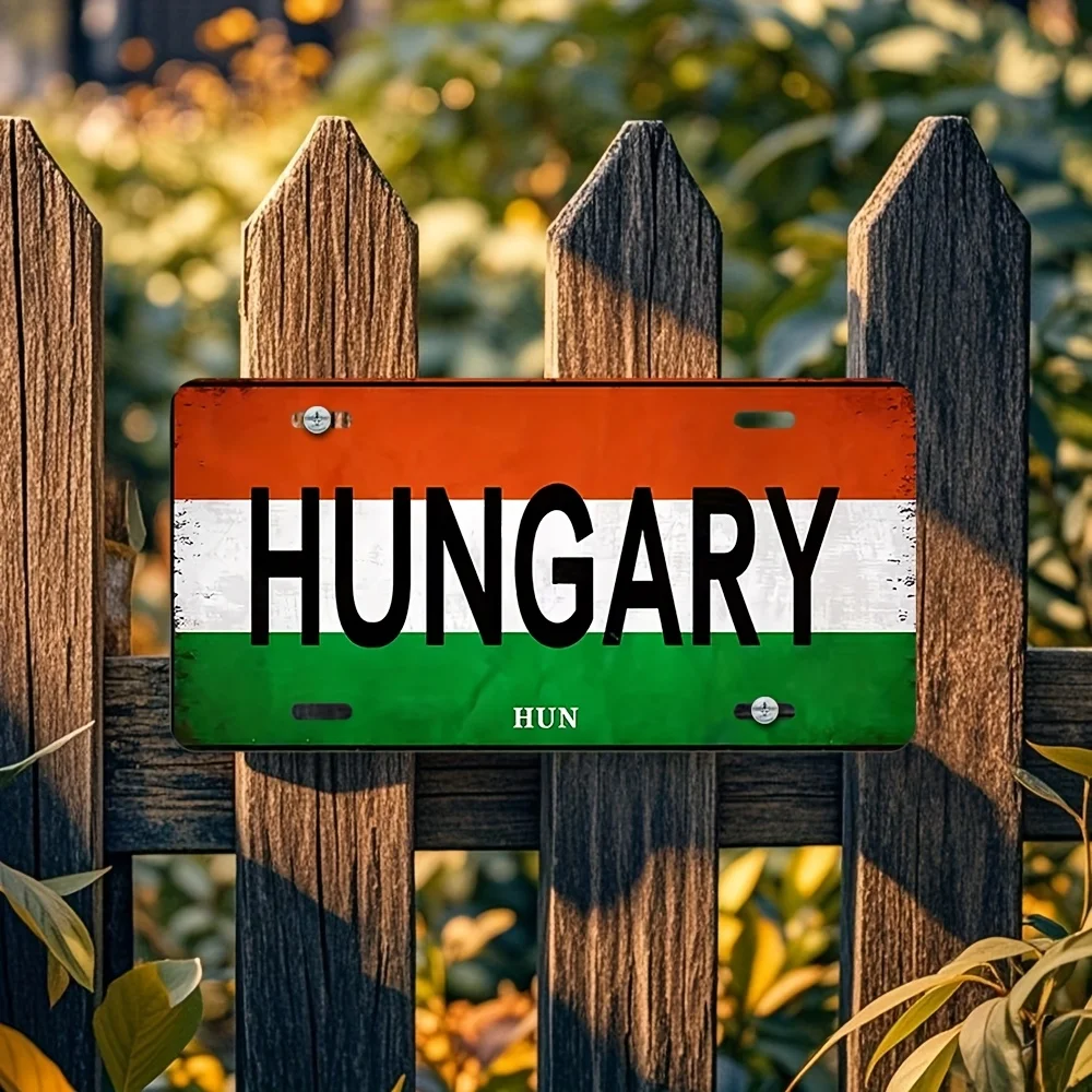ديكور حائط لوحة ترخيص المجرية - لافتة معدنية ريفية مع خطوط حمراء وبيضاء وخضراء، نص "المجر"، سهل التعليق لـ Garag #2