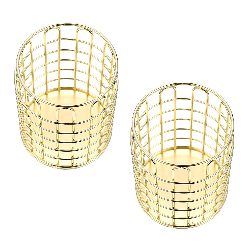 

2 Pcs Makeup Brush Storage Container Pen Cup Holder Cylindrical Wire Desk Organizers Pencil Holders Metal Round
