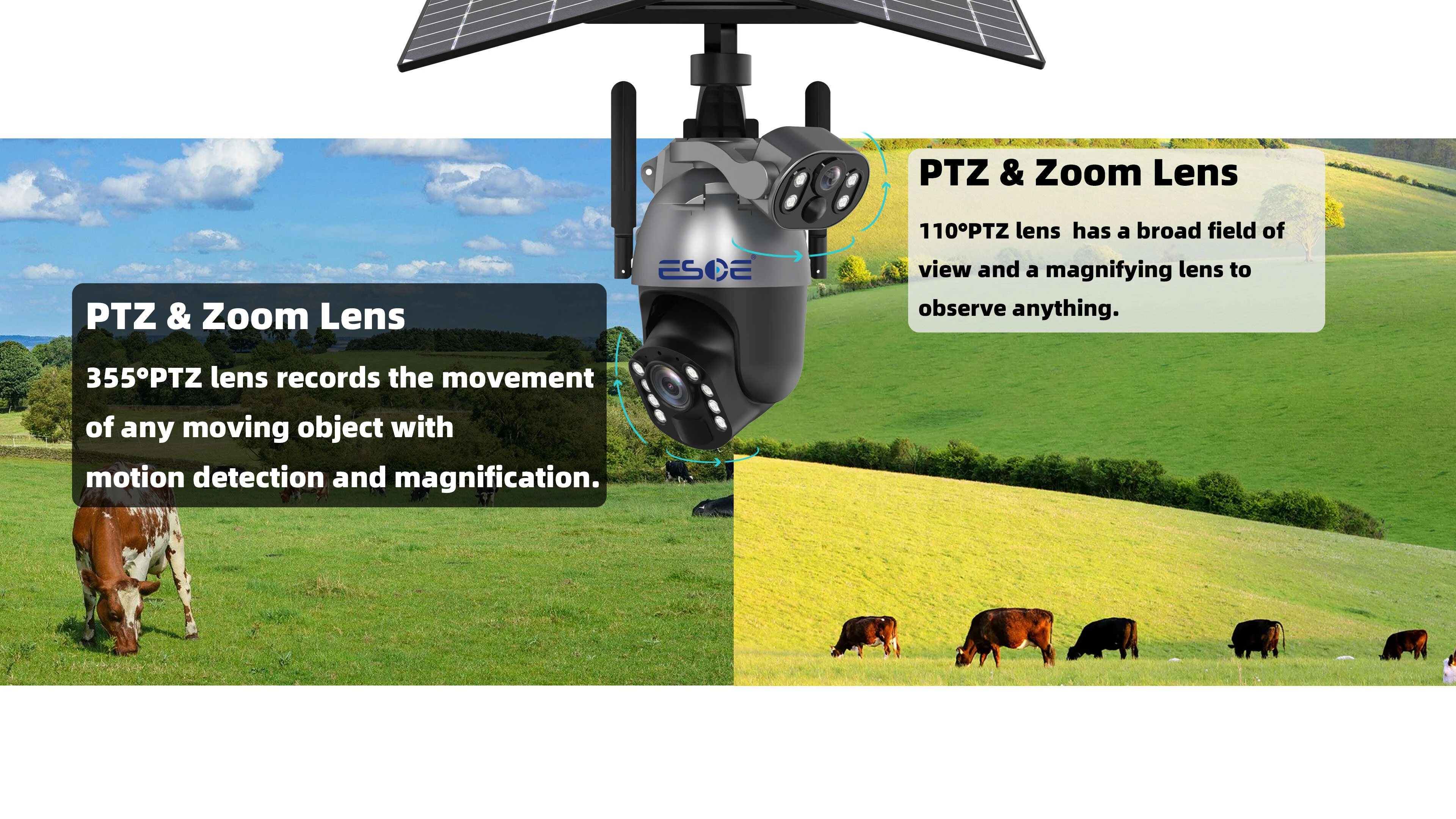 ESOE 3K 4G WiFi 50X Zoom Wireless Outdoor Solar Powered Security Auto Human Track 6MP Dual Lens CCTV 4g Solar Camera For Farm