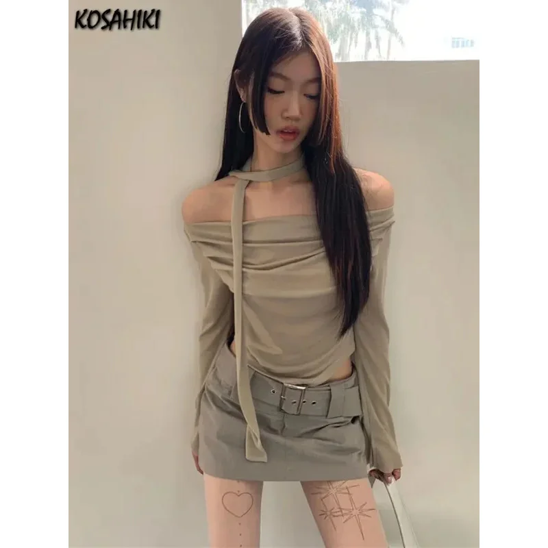 

Y2k Aesthetic Fashion Sexy Long Sleeve T-shirt Off Shoulder Elegant Style Slash Neck Pleated Solid Shirt Streetwear Tops