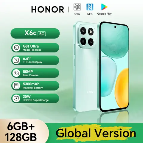 Nuovo Honor X6c Versione Globale Smartphone 6.61 ''120Hz Schermo TFTLCD 50MP 5300mAh 35W SuperCharge Impermeabile Resistenza alle Gocce Telefono