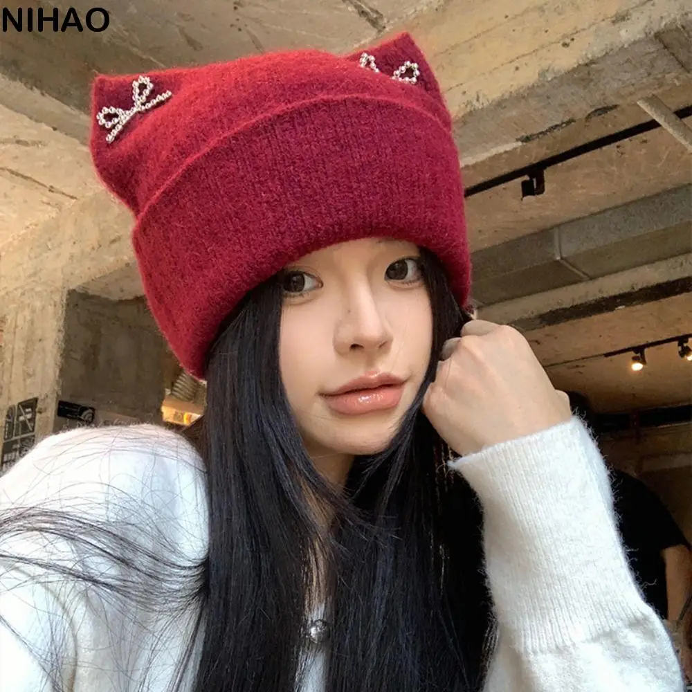 

Windproof Sweet Cool Cat Ears Beanie Hat Fluffy Bow Knitted Pullover Hat Ear Protection Streetwear Winter Wool Hat Winter