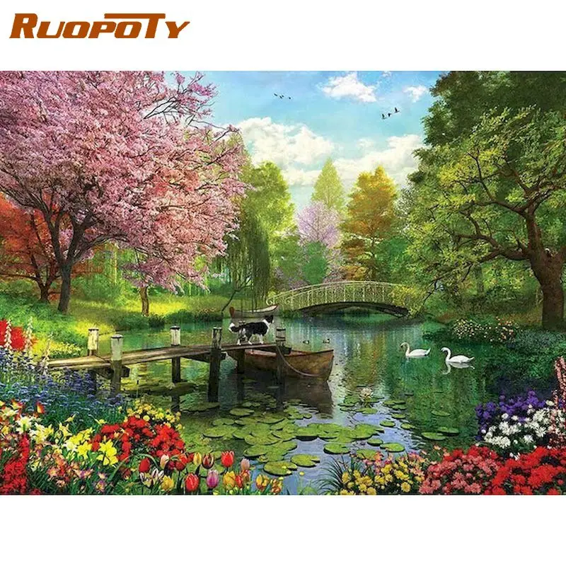 

RUOPOTY 60x75cm Frame DIY Painting By Number Kit Summer Lotus Pond Landscape Wall Art Picture By Numbers Handwork Home Decor
