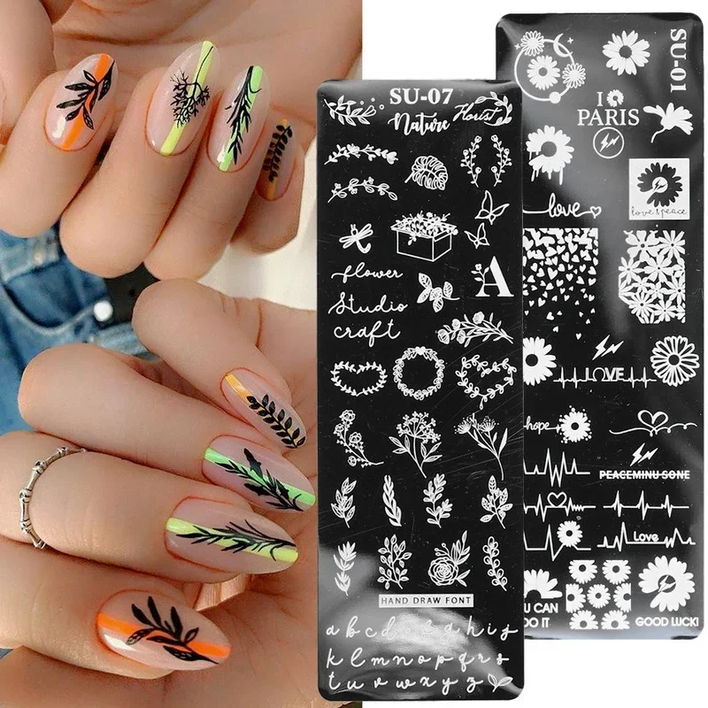 French Style Nail Art Stamping Plate Geometry Wave Line Drawing Templates Flower Love Lace Stamp Nail Charm Mold Stencil Tools