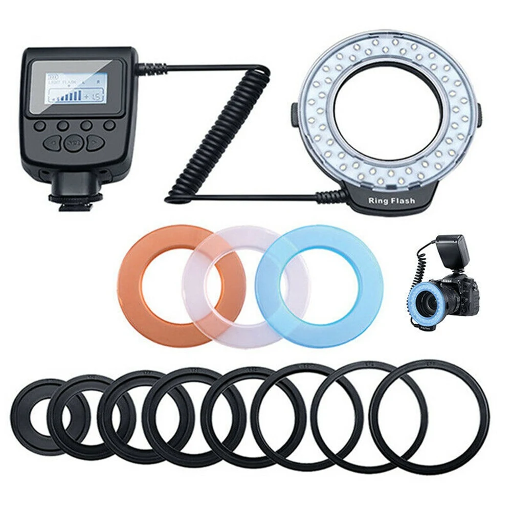 Portable Macro LED Ring Flash Light Kit with 8 Adapter Ring for DSLR Camera Flash