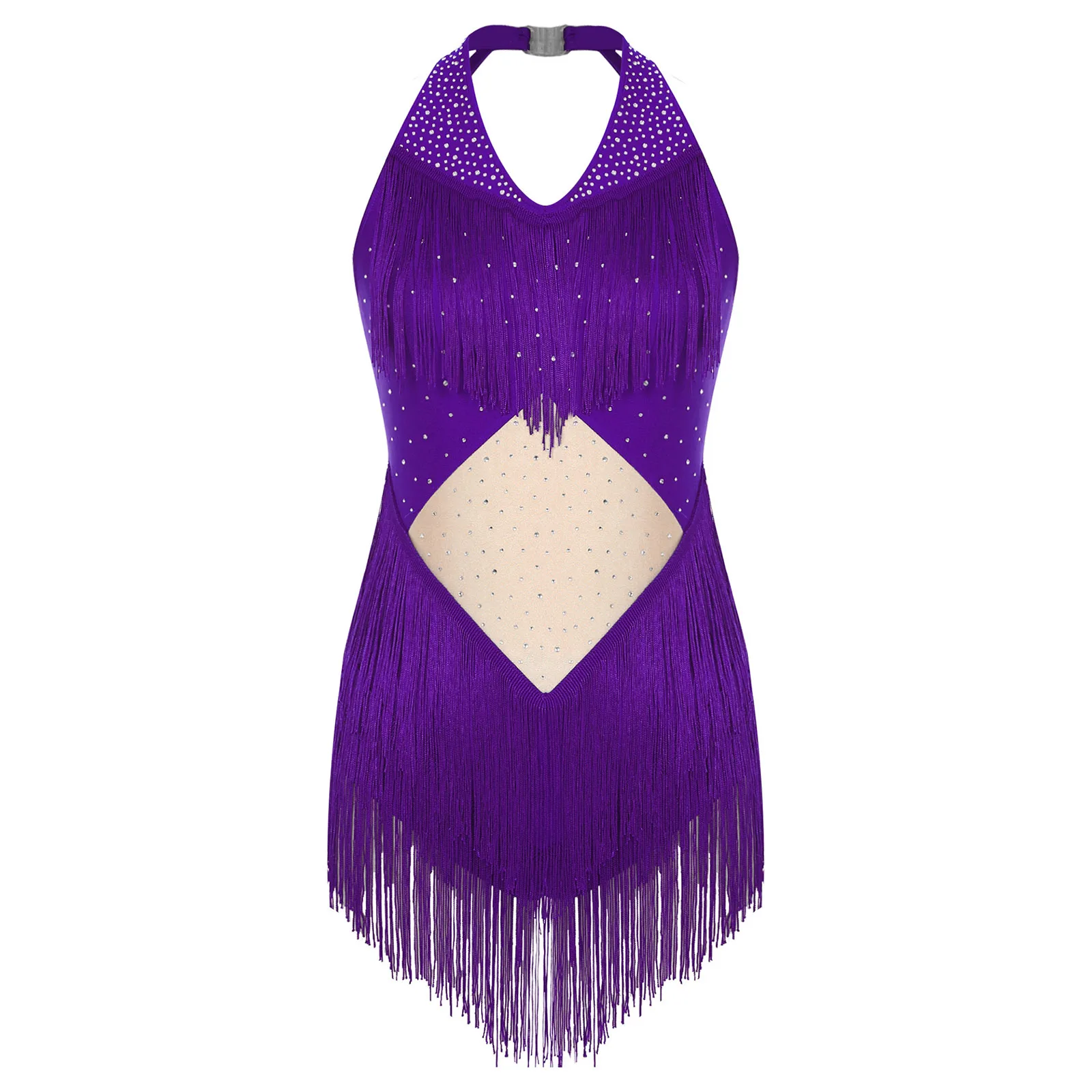 Womens Salsa Latin Dance Leotard Performance Costume Halter V-neck Backless Shiny Rhinestones Fringe Training Stage Costume