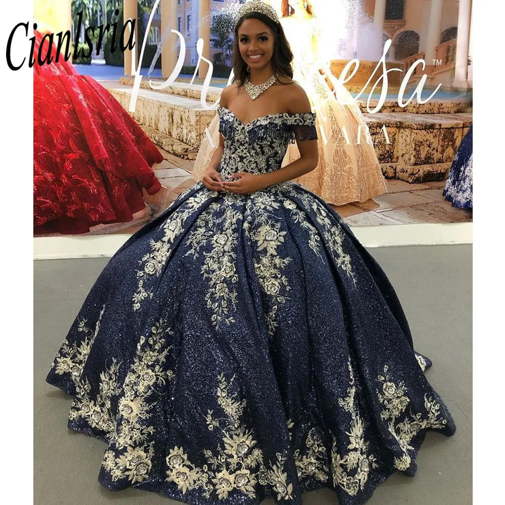 

Navy Blue Quinceanera Dresses Ball Gown Off The Shoulder Seuqins Sparkle Appliques Mexican Sweet 16 Dresses 15 Anos