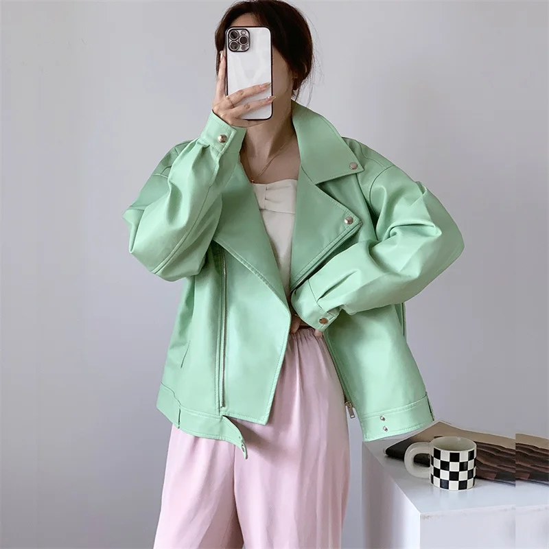 Autumn Women Short Faux Leather Coat Loose Casual Diagonal Zipper Long Sleeve Female PU Biker Jacket Black Rose Red Green Beige