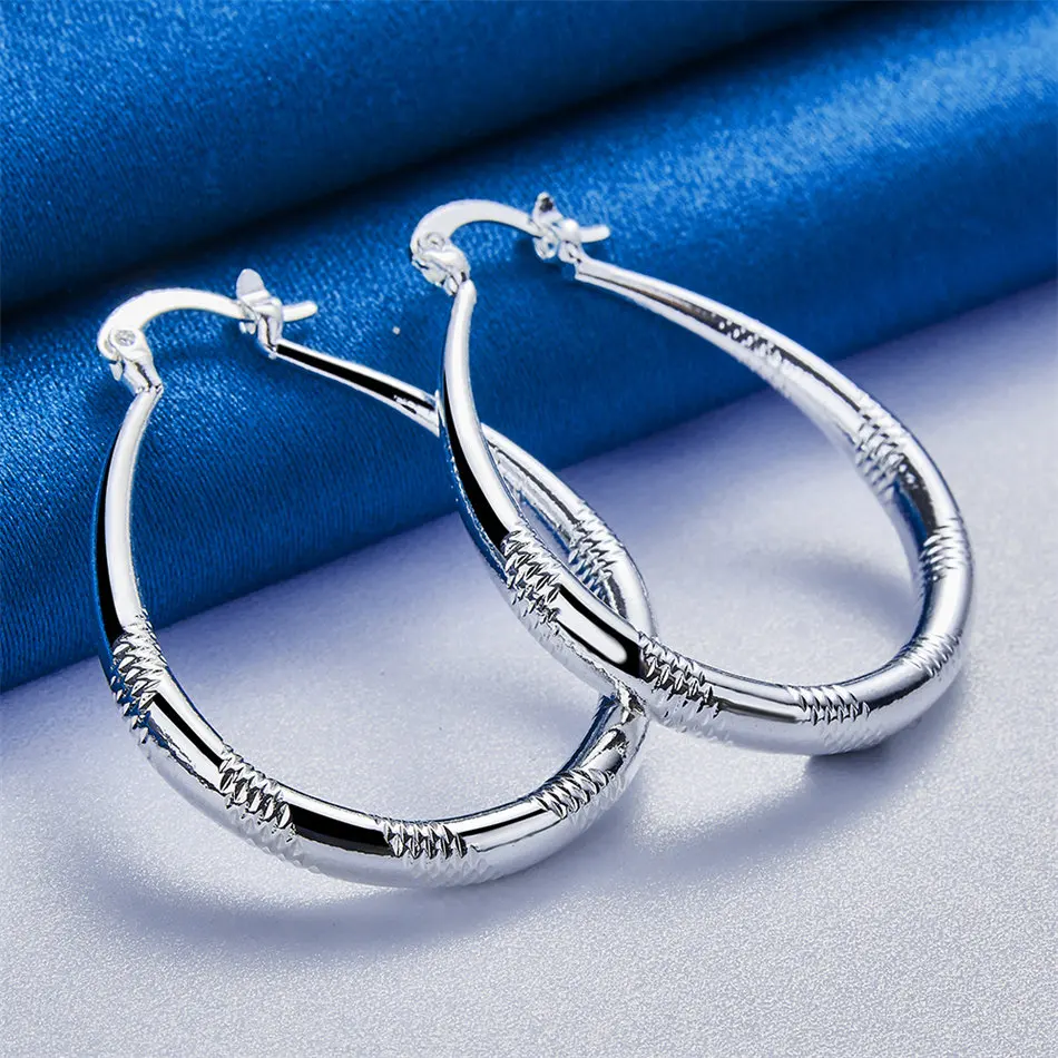 1 Pair 925 Sterling Silver 40mm Moon Pattern U-Shaped Hoop Earrings for Women Party Gift Fashion Jewelry Accessories