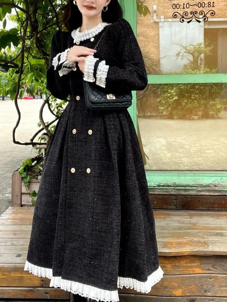 

Vintage Small Fragrance Black Dress Ruffles Hepburn-inspired Luxury Jacquard Tulle Paneled A-line Skirt Autumn Folds Flare Skirt