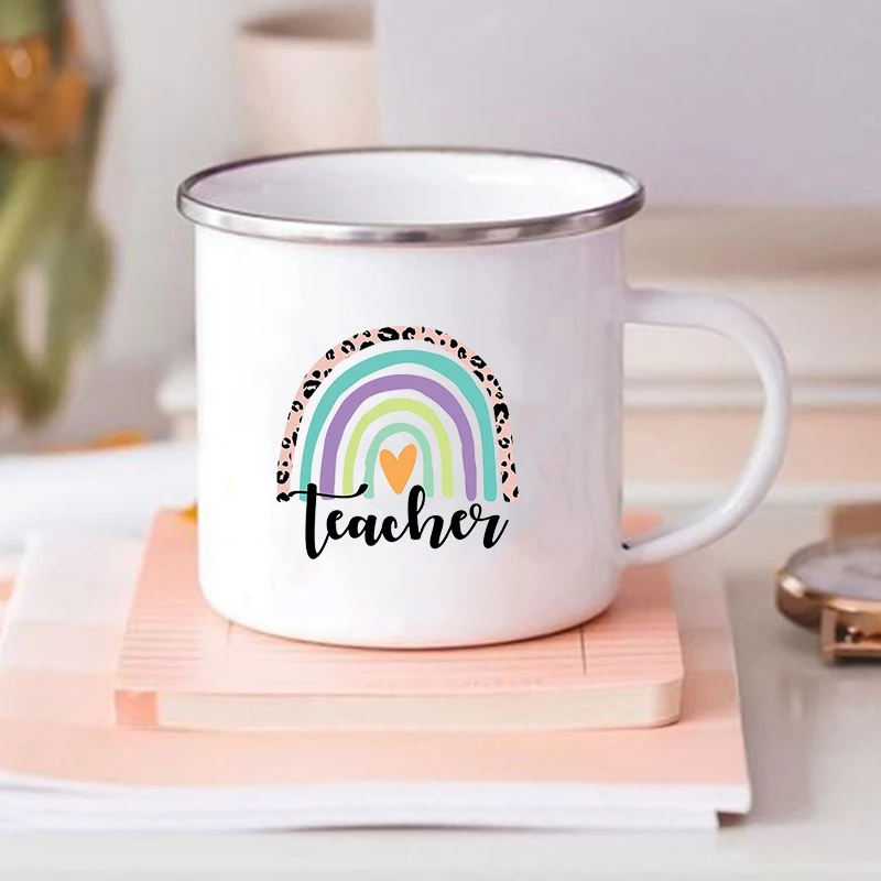 Rainbow Teacher Printed Enamel Mug Creative Retro Coffee Water Cups Drink Dessert Milk Cup Mugs Handle Drinkware Teacher Gifts