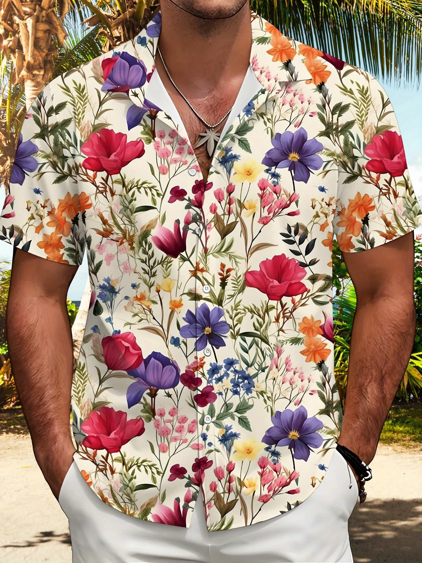 Men Cream Colorful Mixed Rose Watercolor Floral Print Short Sleeve Daily Shirt