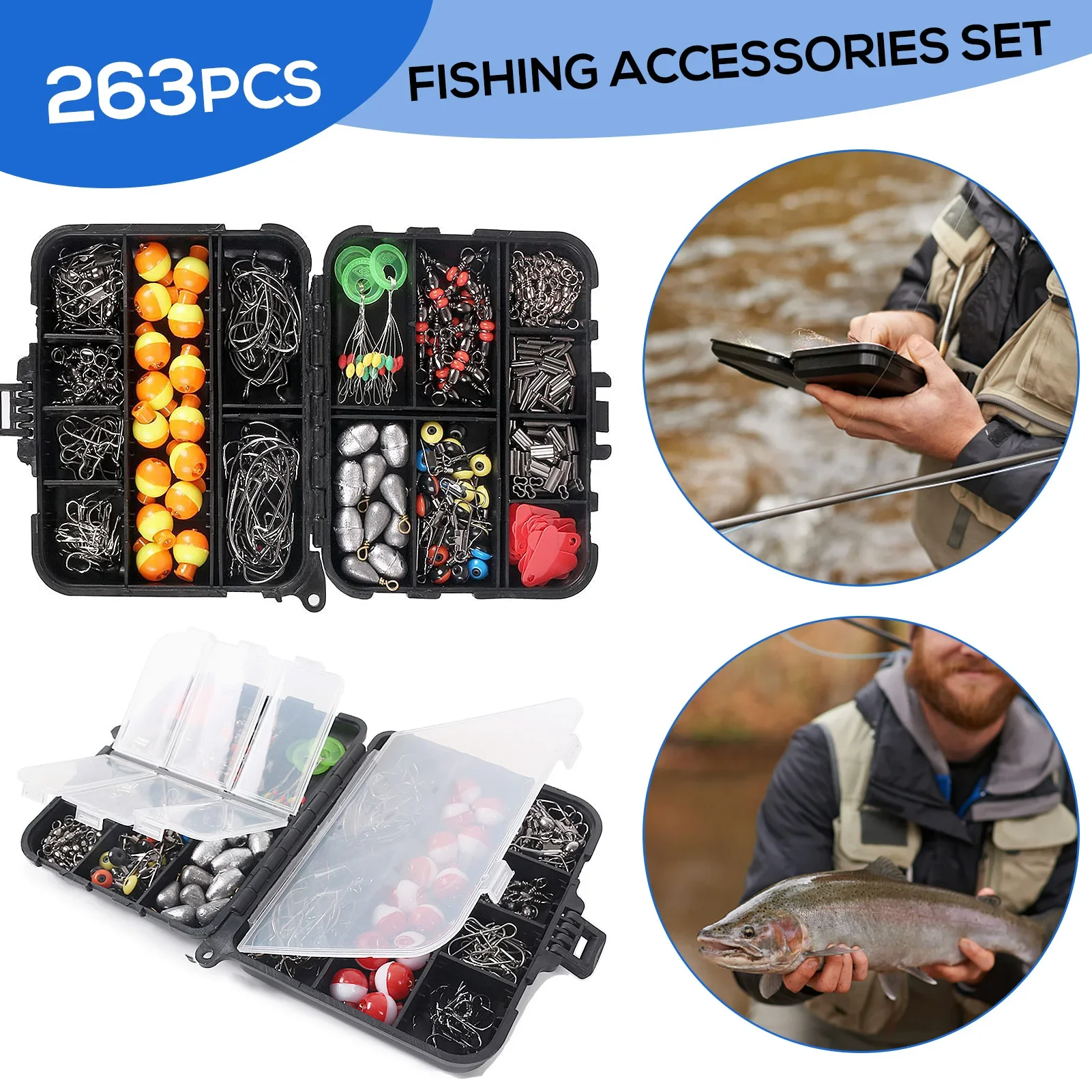 

263pcs Fishing Accessories Set with Tackle Box Including Plier Jig Sinker Weight Swivels Snaps Sinker Slides