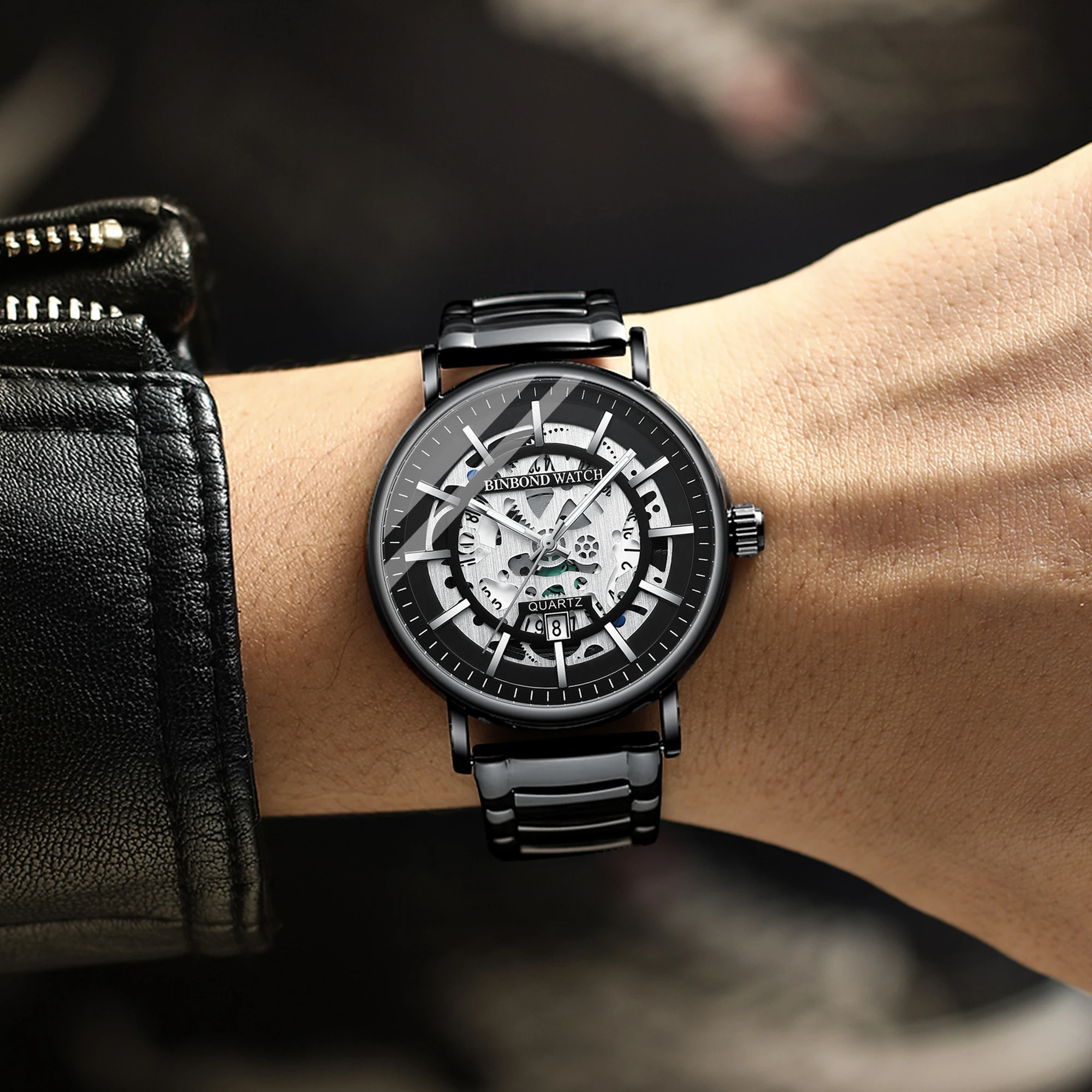BINBOND Деловые часы Модные и простые мужские часы со скелетом Элитный бренд Водонепроницаемые светящиеся кварцевые часы