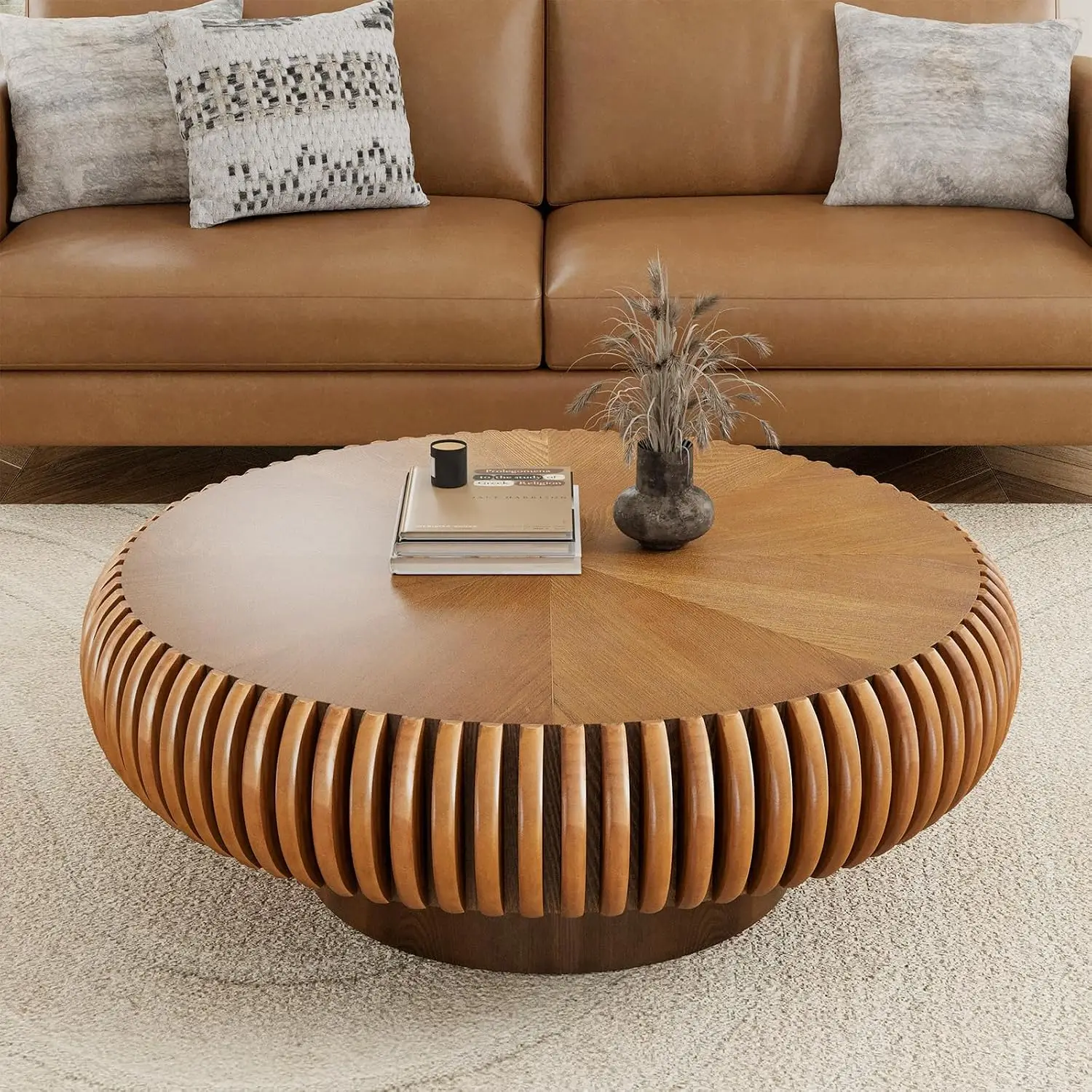 Round Drum Wood Fluted Coffee Table Living Room Furniture, Customized