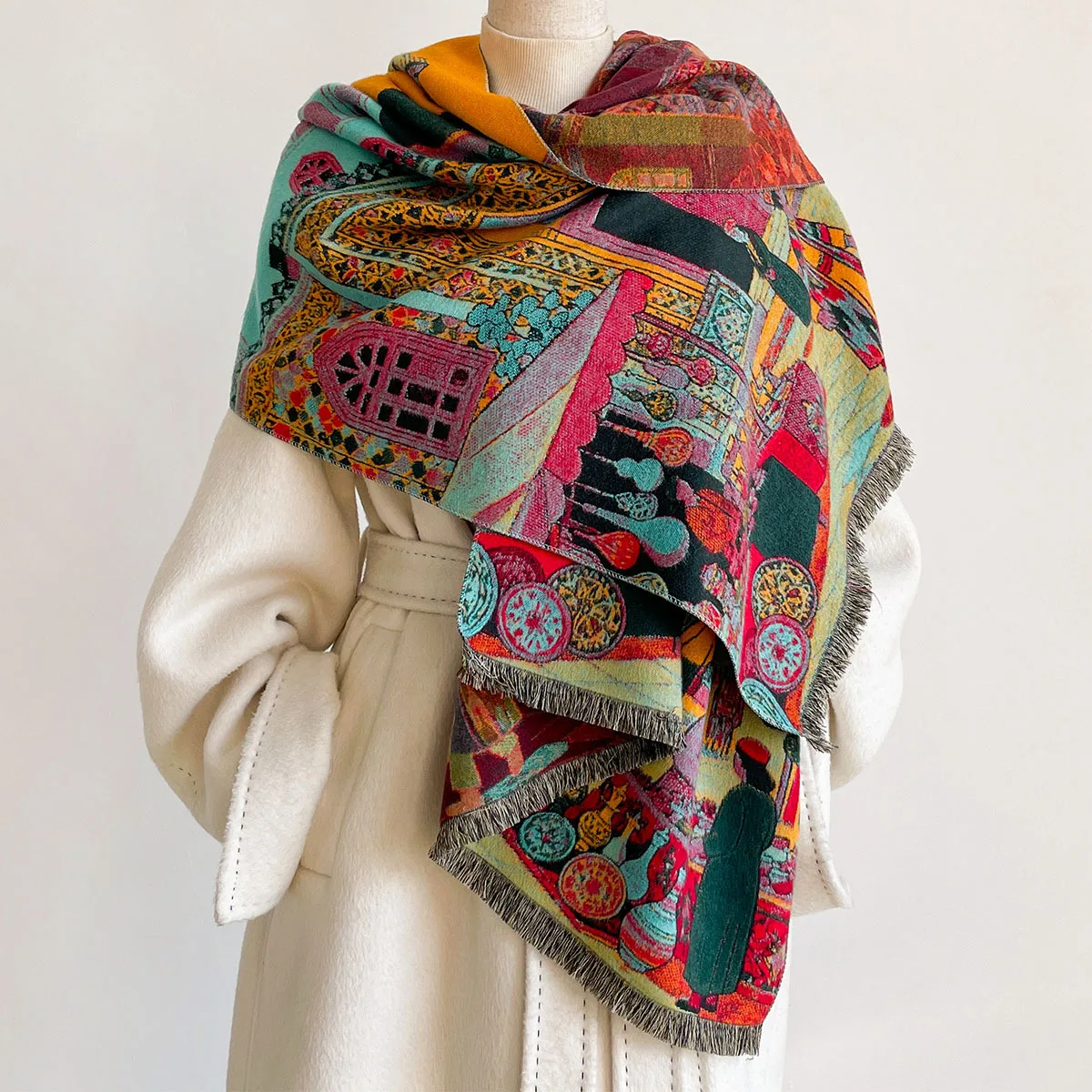 Women Imitation Cashmere Scarf Reversible Kerchief Shawl Winter Thick Warm Large Scarf Pashmina Blanket Wrap