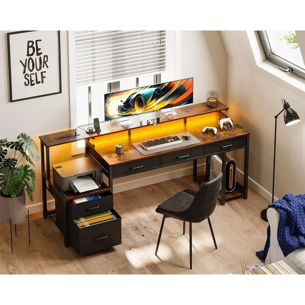 Computer Desk with File Drawer, Reversible Office Desk with 4 Drawers & Power Outlet,LED Strip,Home Office Desk w/ Monitor Shelf