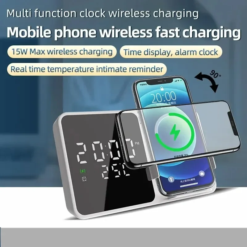 15W Multifunction 3 in 1 Wireless Chargers Stand Alarm Clock LED Digital Thermometer Phone Chargers Fast Charging Station