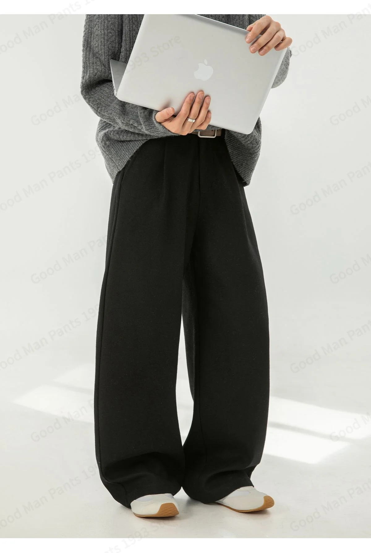 Herbst- und Winter-Herrenhose aus schwerer, strukturierter Wolle mit geradem Bein, locker gefaltet, Y2K Koreanische Baggy Casual Hose – Detail 15