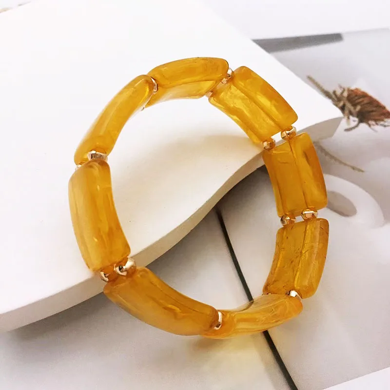 

Trendy Acrylic Transparent Amber Flower Wide Bracelet for Women Bohemian Bamboo Resin Elastic Beads Bracelet Set Jewelry