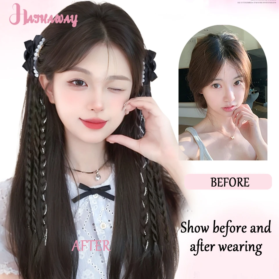 20 Inch Twist Braid Female Synthetic Bow Grip Braided Hair Fluffy Gentle Princess Head Natural Double Ponytail Wig Daily Wear