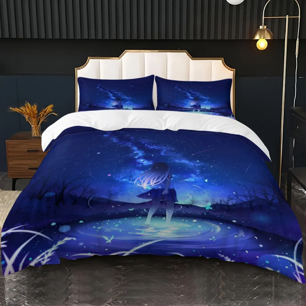 

3pcs Blue Bedding Set Beautiful Girl Anime Printed Cozy Duvet Cover Set King Queen Twin Single Size Birthday Gift Bedroom Decor