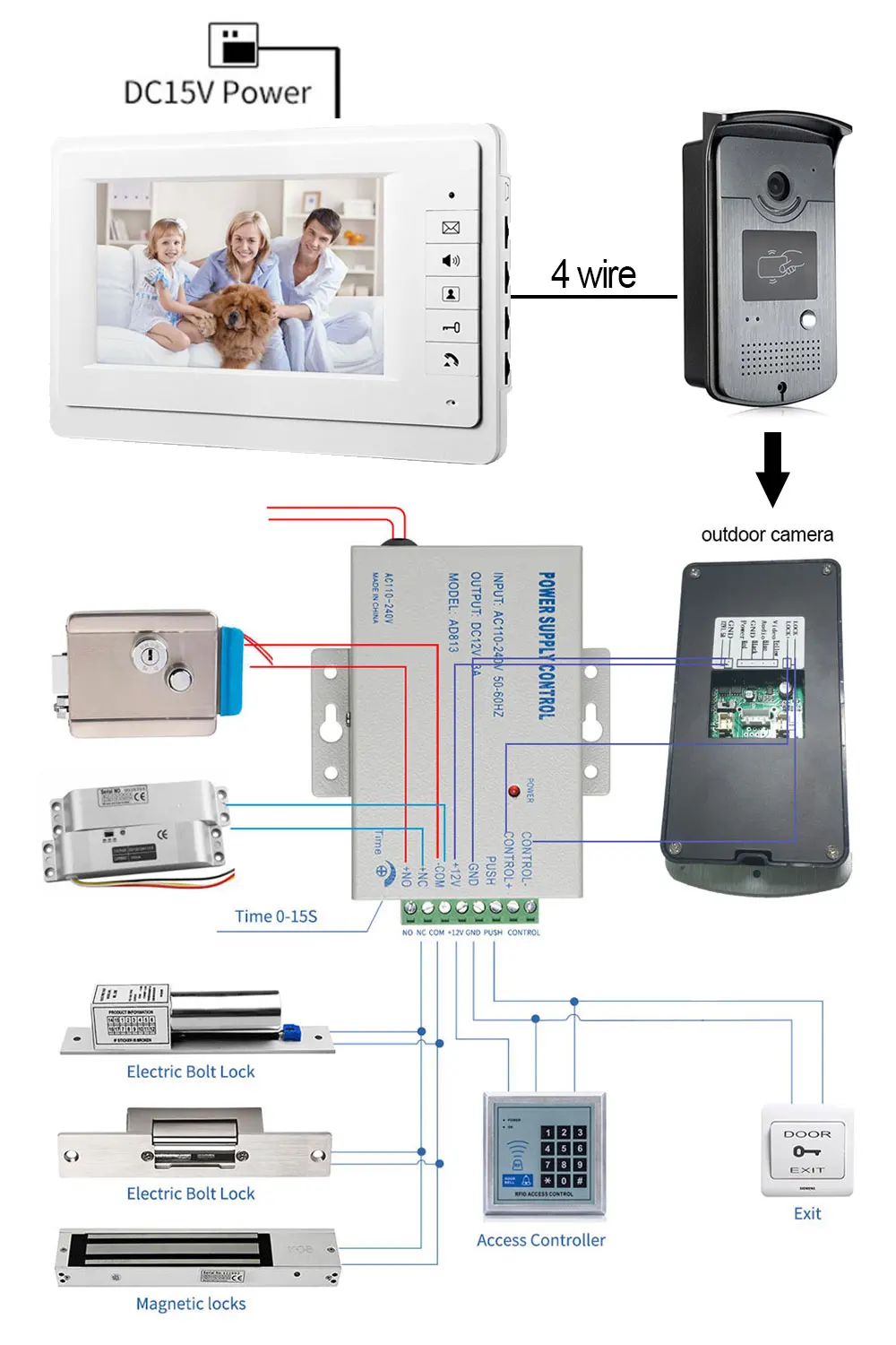 Monitor interior de 7 pulgadas, sistema de intercomunicación de vídeo con llaveros de identificación, desbloqueo a prueba de agua, cámara de visión