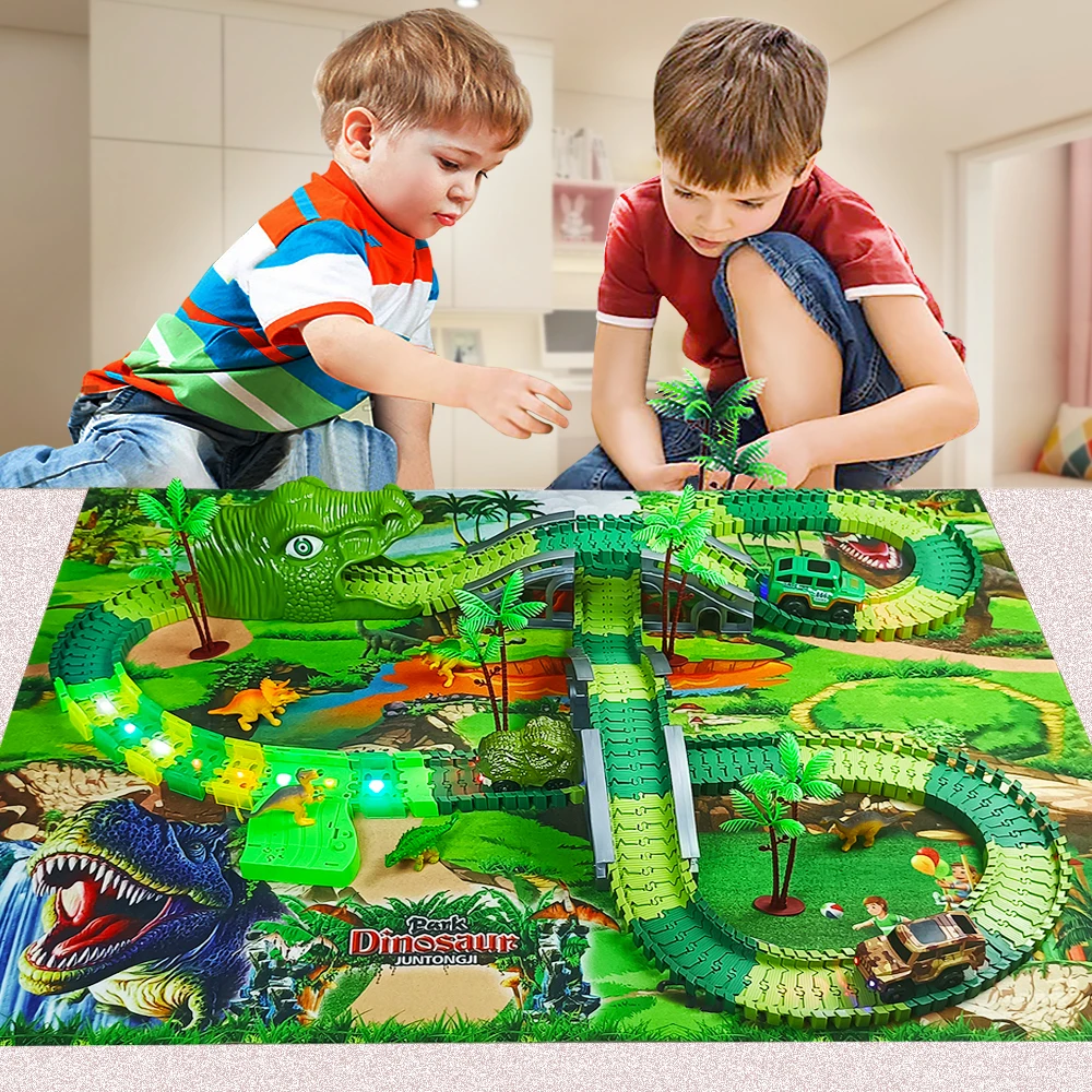 Dinosaur Railway Toy Car Kids Track Racing Track Toys Set Bend Flexible Race Track Flash Light Car Educational Toys for Kids Gif