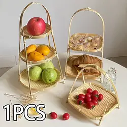 1/2/3 Layer Handwoven Fruit Basket Food Basket Decorative Standing Tray Bamboo Serving Tray Bamboo Storage Basket for Kitchen