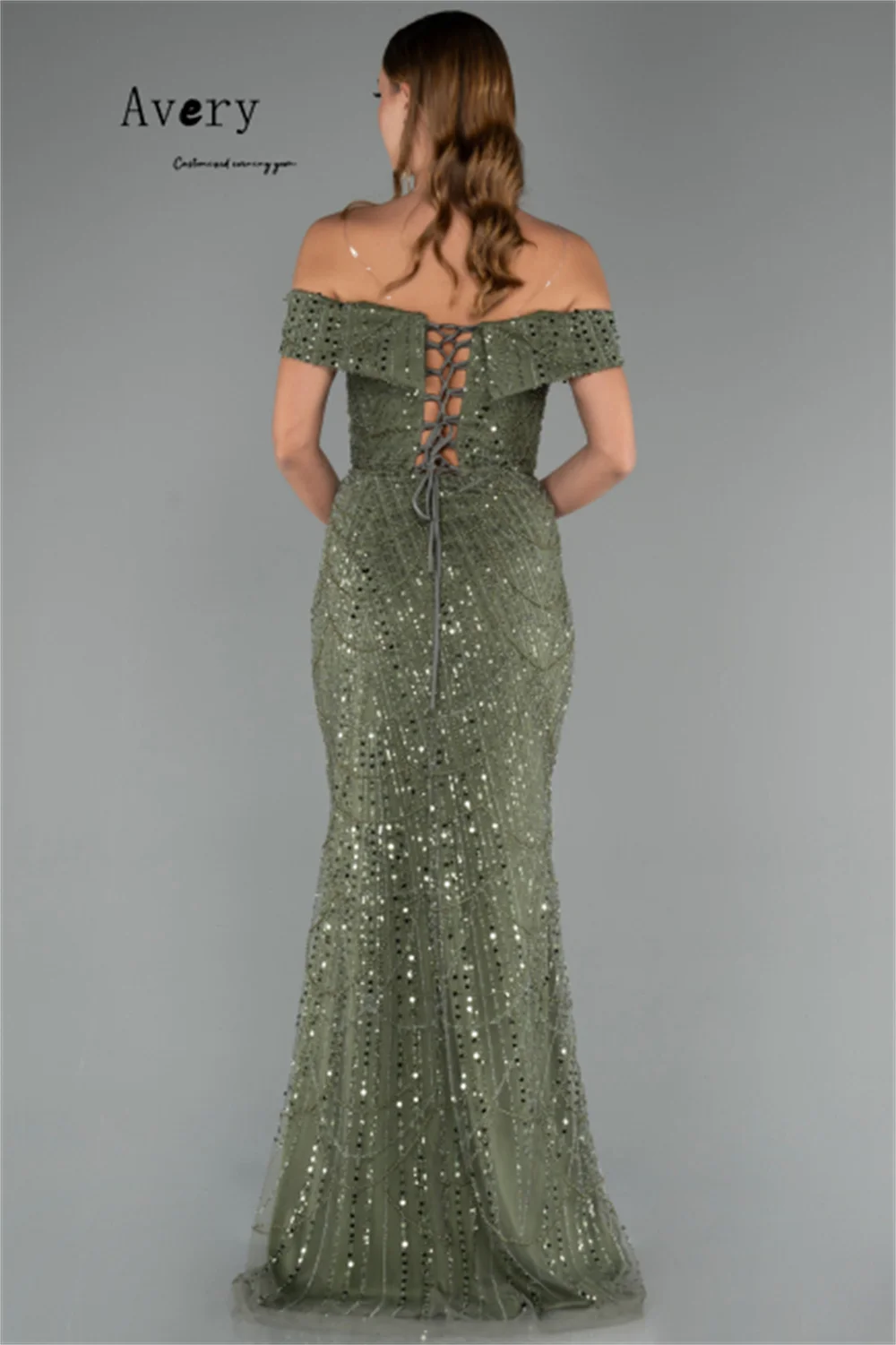 Avery personnalisé queue de poisson vert perlé épaules dénudées longue élégante femme robe de soirée robes de soirée dames invité de mariage femmes