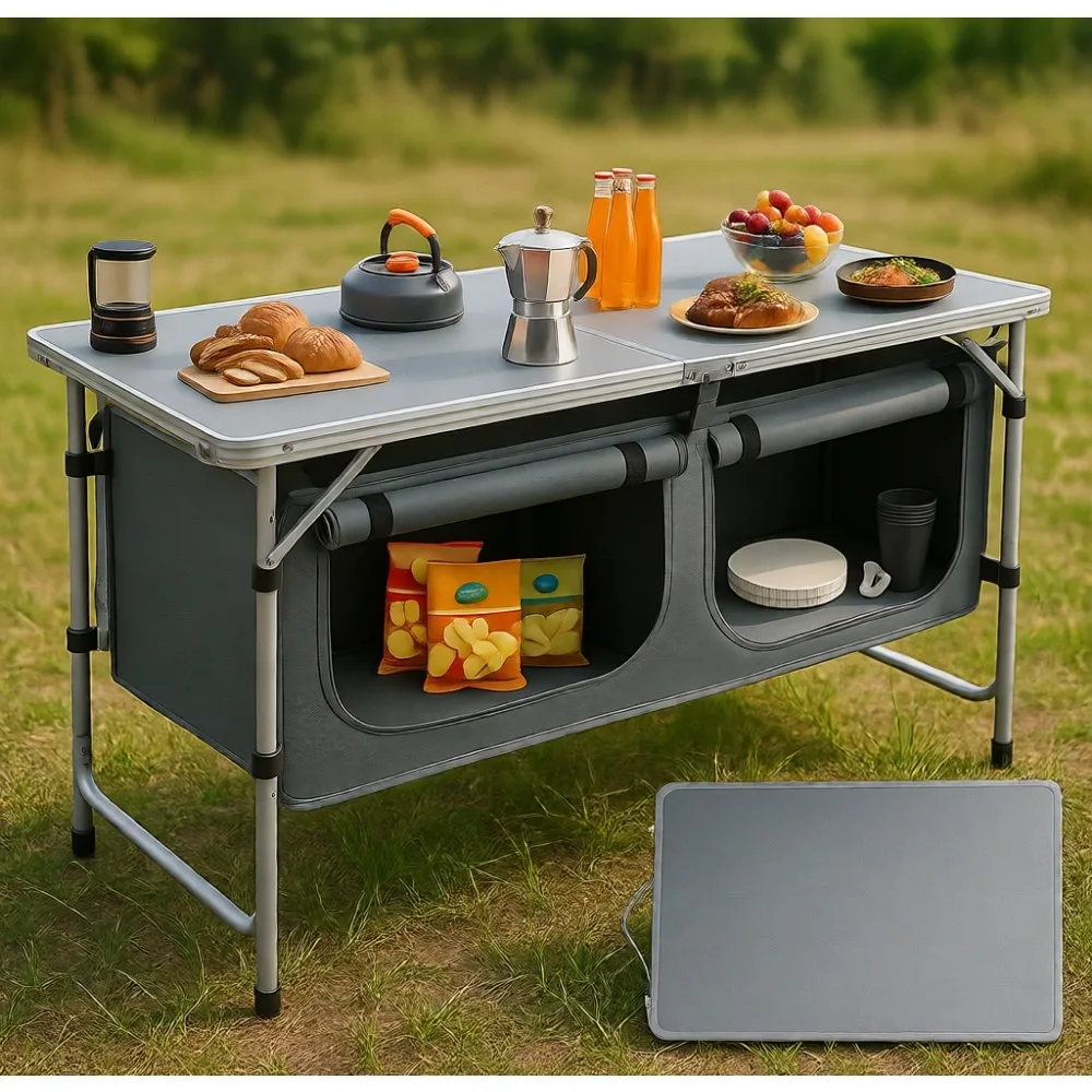 

Портативный складной походный стол с местом для хранения, регулируемой высотой, легкий, из алюминия, для использования на улице и в помещении, для пикников, барбекю, походов