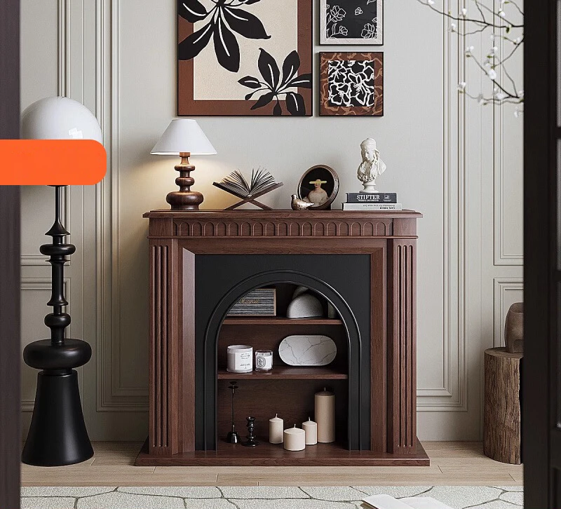 French retro American modern wood fireplace cabinet living room porch black and white two-color collision home decoration