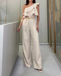 Jumpsuit Women 2024 Summer Fashion Ruffle Hem One Shoulder Casual Plain Sleeveless Daily Long Wide-Leg Jumpsuit Without Belt