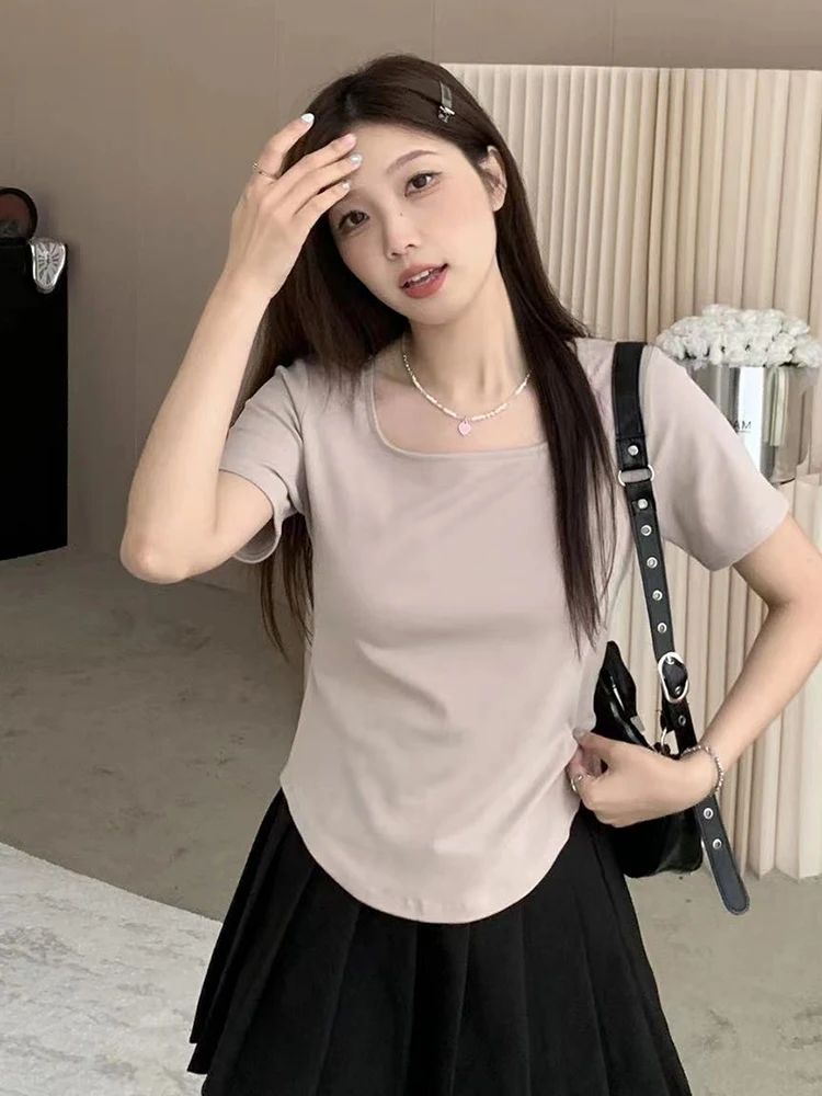 plus Size Women's Sweeti Slimming T-irt Summer New Sle Square Collar ort Sve Commute Sle Korean Version Slim Fit